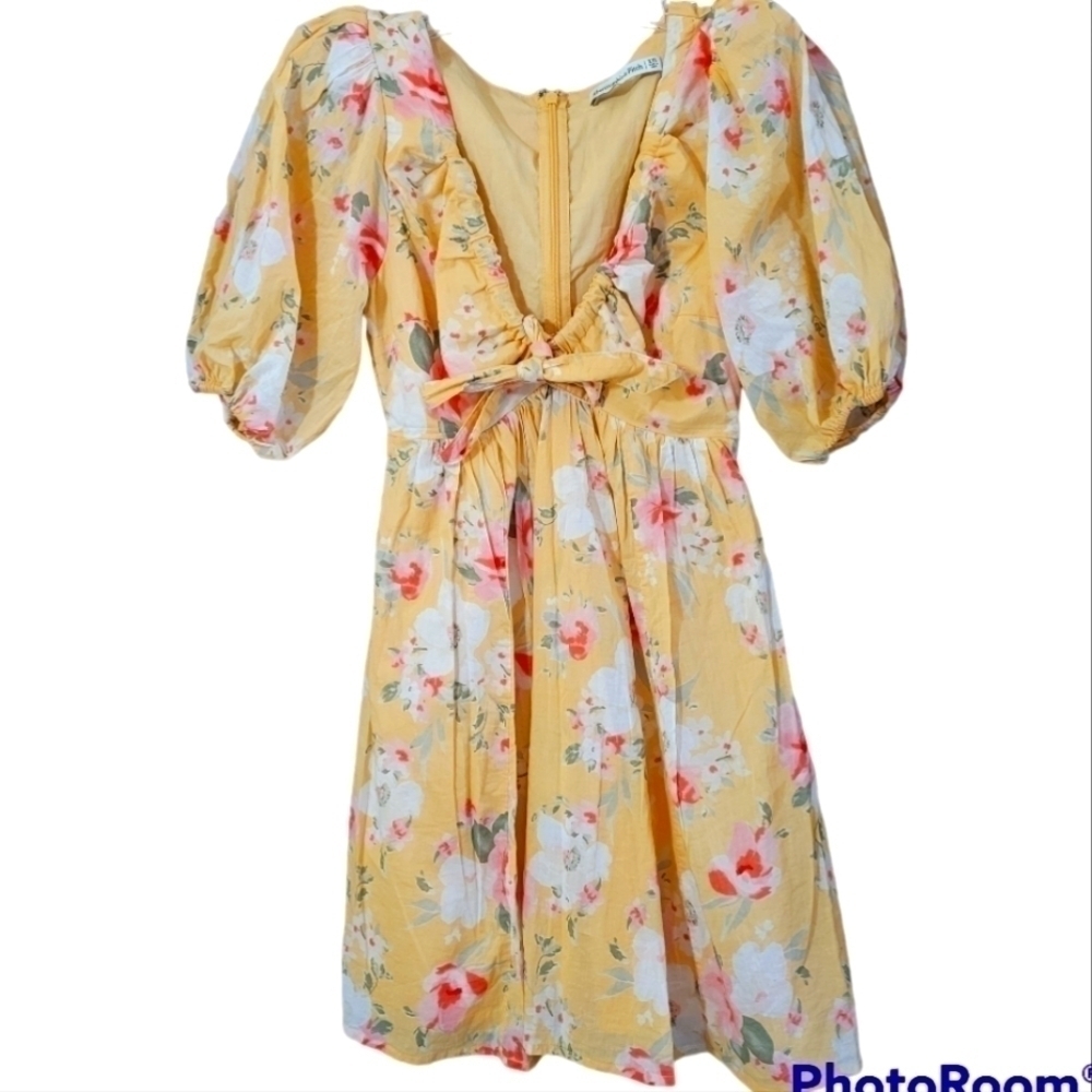 ABERCROMBIE Yellow floral puff sleeve adjustable scoopneck baby doll mini dress